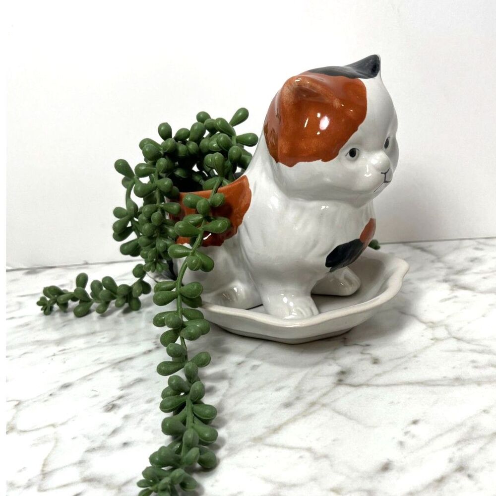 Vintage Calico Kitty Cat Planter With Tray Base Succulents House Plants